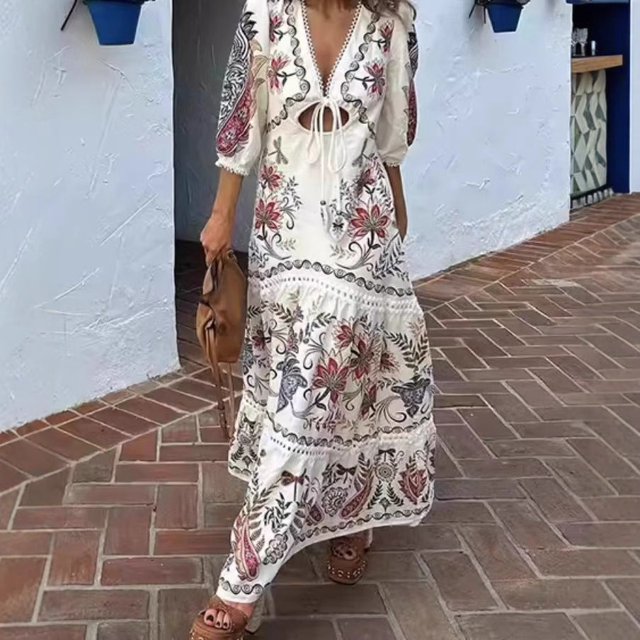 Damen Maxikleid mit floralen Stickereien und V-Ausschnitt EB