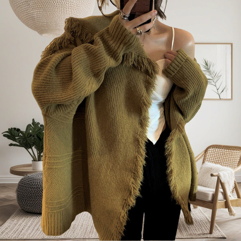 Damen lässiger Strickcardigan mit fransiger Detailverarbeitung EB