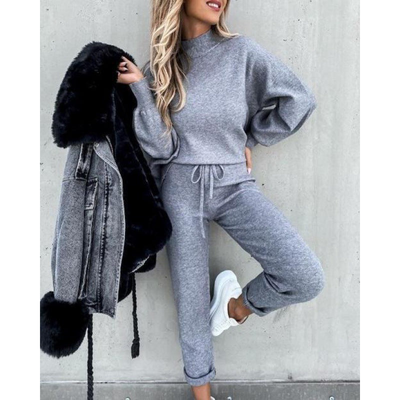 Damen Strick-Loungewear-Set mit Ballonärmeln und taillierter Jogginghose EB