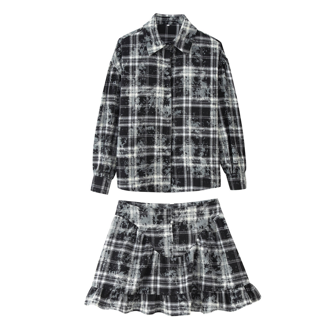 Damen Karomuster Set mit gestreifter Bluse und Rüschenset EB