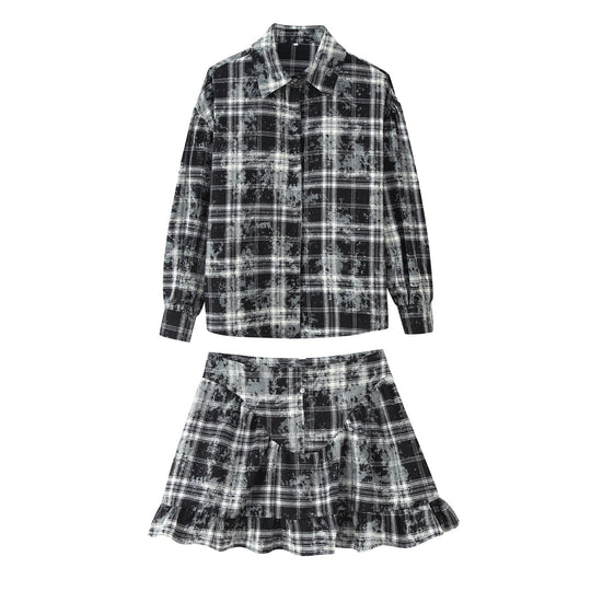Damen Karomuster Set mit gestreifter Bluse und Rüschenset EB