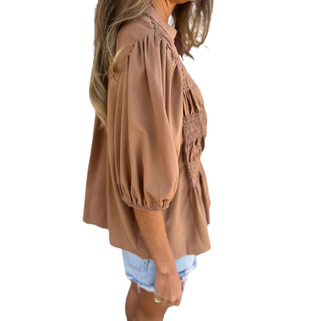 Damen elegante Bluse mit Raffung und durchgehender Knopfleiste EB