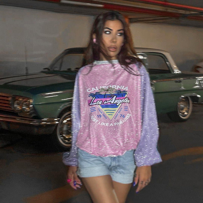 Damen Glitzerndes Oversize-Sweatshirt mit Raglanärmeln und Retro-Los-Angeles-Print EB