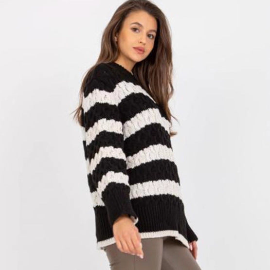 Damen Grobstrickpullover mit modischem Streifenmuster und voluminösen Ärmeln EB