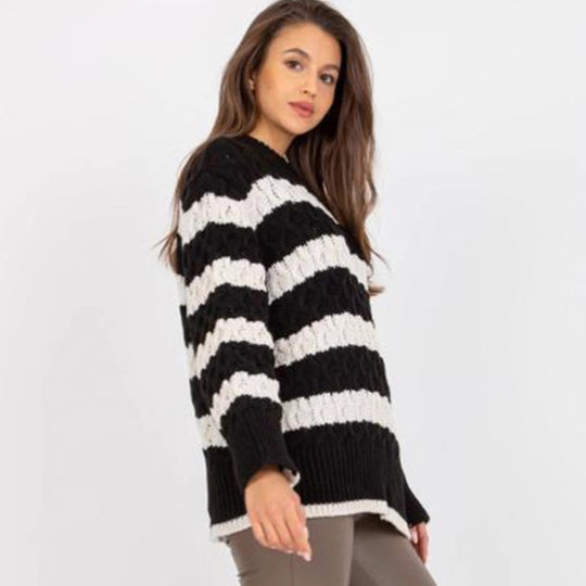 Damen Grobstrickpullover mit modischem Streifenmuster und voluminösen Ärmeln EB