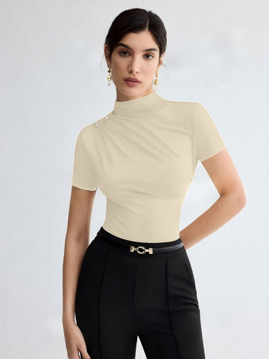 Damen elegantes Oberteil mit dekorativen Knopfdetails und modernem Stehkragen EB
