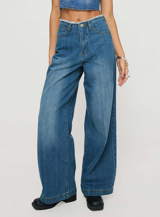 Damen nan hochgeschnittene Weitbein-Jeans mit rohem Bund, extra weitem Bein und Fünf-Taschen-Schnitt EB