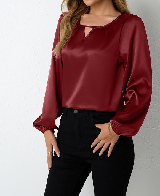 Damen elegante Satinbluse mit verspieltem Schlüsselausschnitt EB