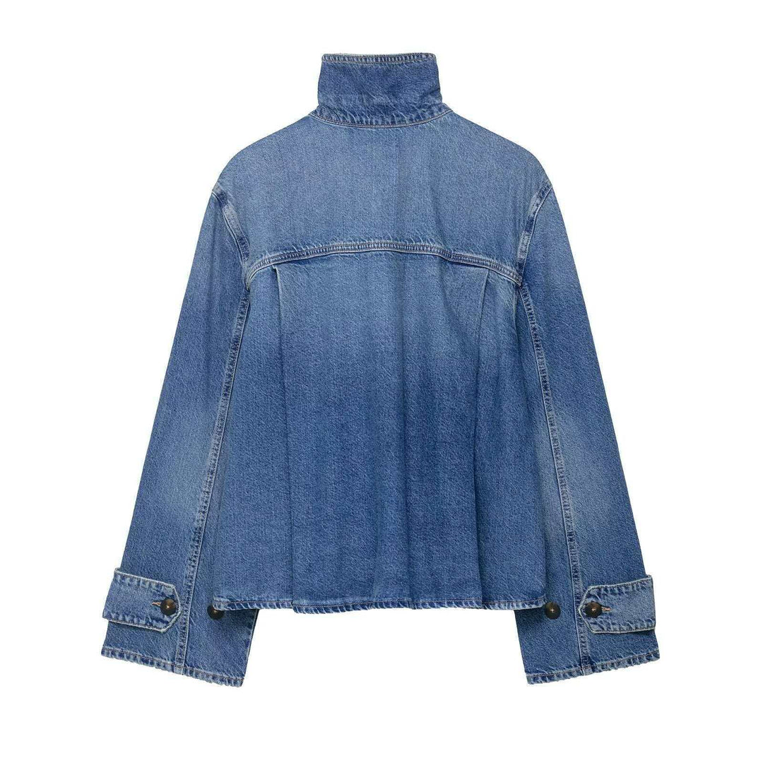 Damen nan cropped Boxy-Denimjacke mit hohem Wickel- bzw. Stehkragen und verdeckter Knopfleiste EB