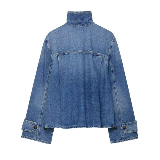Damen nan cropped Boxy-Denimjacke mit hohem Wickel- bzw. Stehkragen und verdeckter Knopfleiste EB