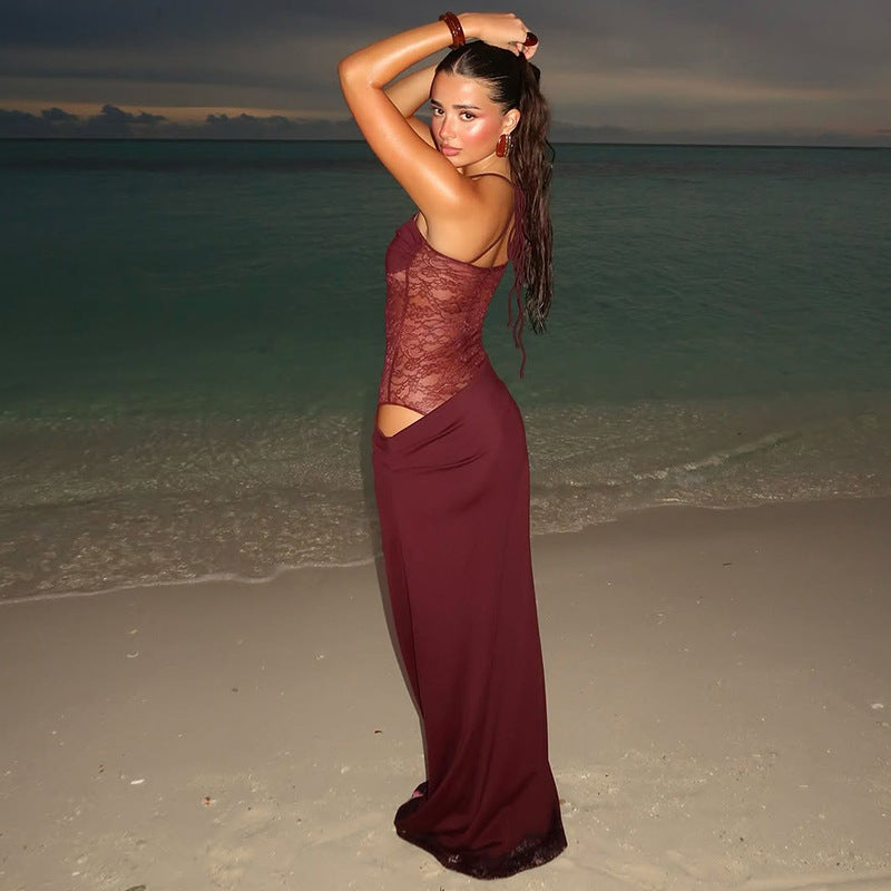 Damen Elegantes Maxikleid mit transparentem Oberteil und figurbetontem Design EB