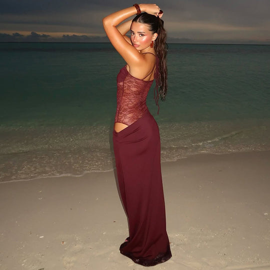 Damen Elegantes Maxikleid mit transparentem Oberteil und figurbetontem Design EB