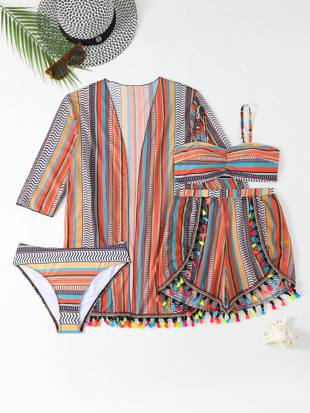 Damen Bikiniset mit trendigem Strandkimono und bunten Quasten EB