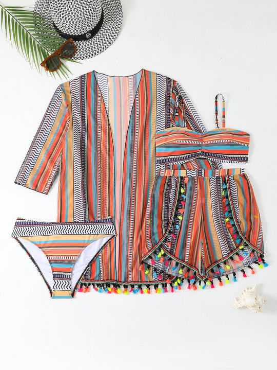 Damen Bikiniset mit trendigem Strandkimono und bunten Quasten EB