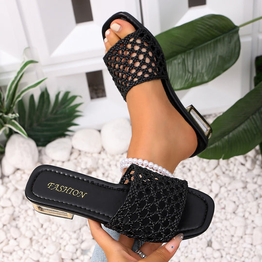 Damen Offene Mules mit geflochtenem Riemendesign EB