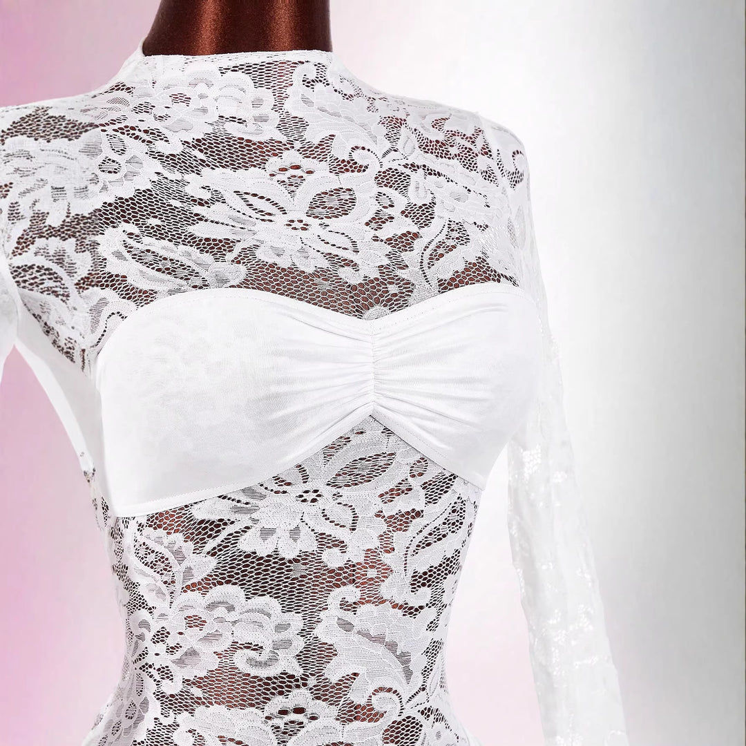 Damen nan transparentes Spitzen-Minikleid mit Bandeau-Einsatz, gerafftem Wickelrock und langen Ärmeln EB