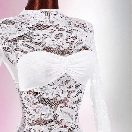 Damen nan transparentes Spitzen-Minikleid mit Bandeau-Einsatz, gerafftem Wickelrock und langen Ärmeln EB