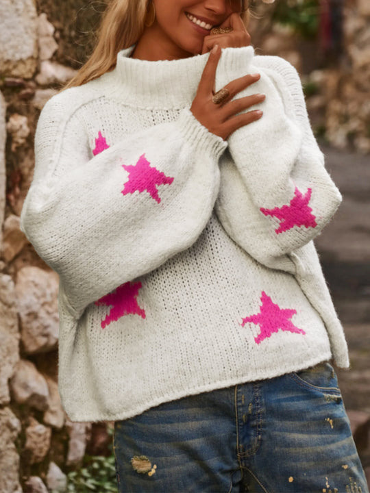 Damen stylischer Rollkragenpullover mit Sternchenmotiv EB
