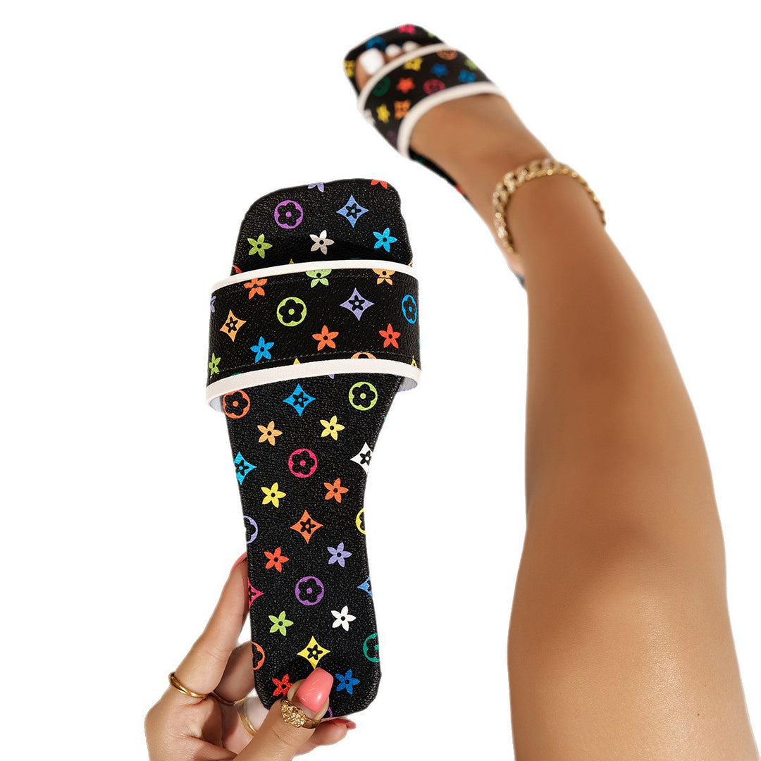 Damen Designer Slipper mit buntem Blumenmotiv EB
