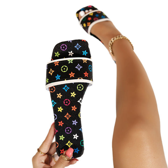 Damen Designer Slipper mit buntem Blumenmotiv EB