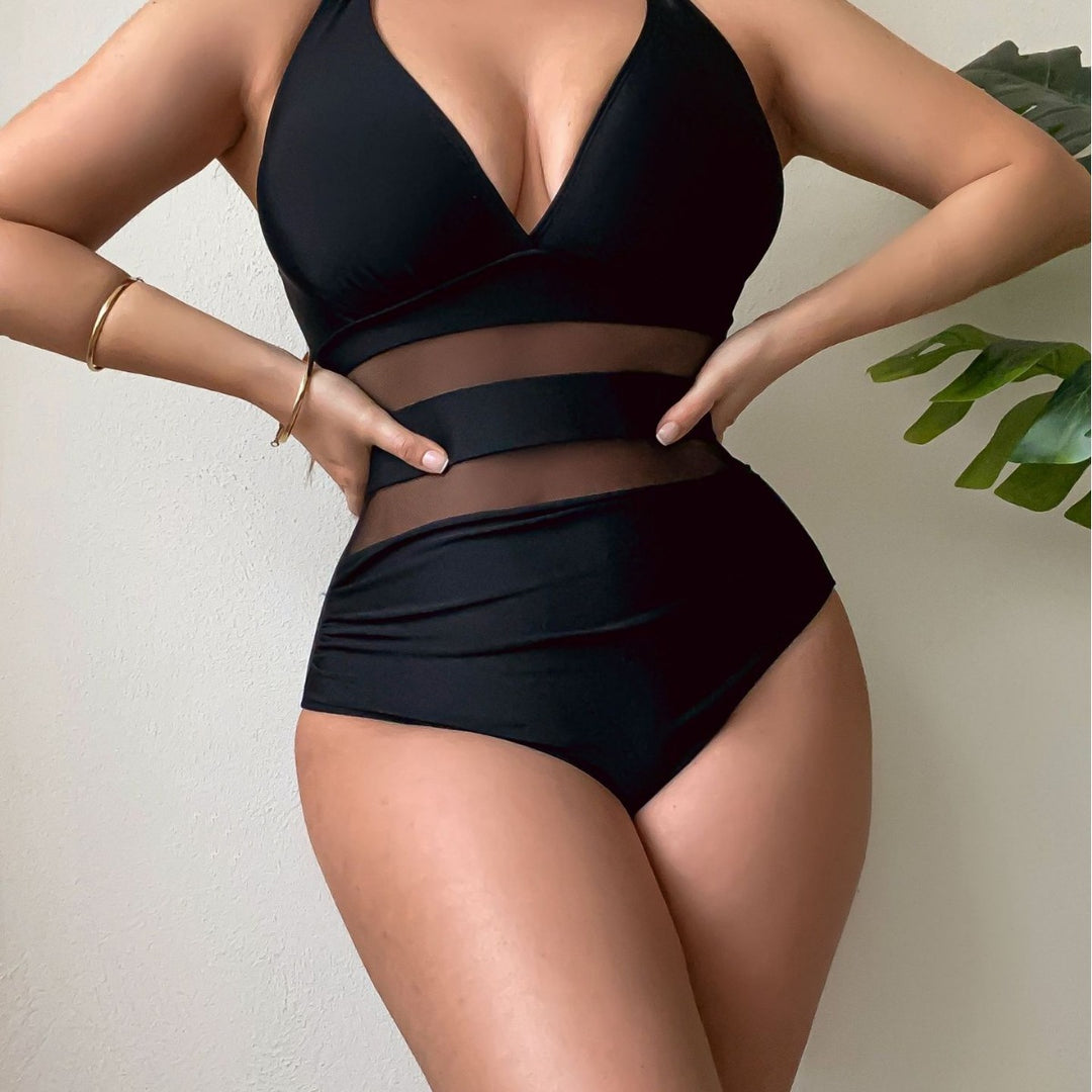 Damen Sportlicher Badeanzug mit transparenter Taille EB