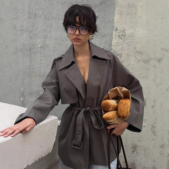 Damen modische Trenchcoat-Jacke mit abnehmbarem Gürtel und oversized Schnitt EB