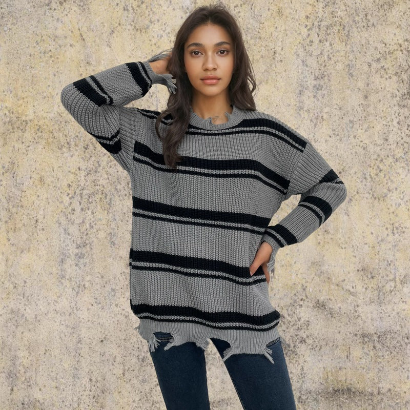 Damen lässiger Strickpullover mit Boho-Details und Fransen EB