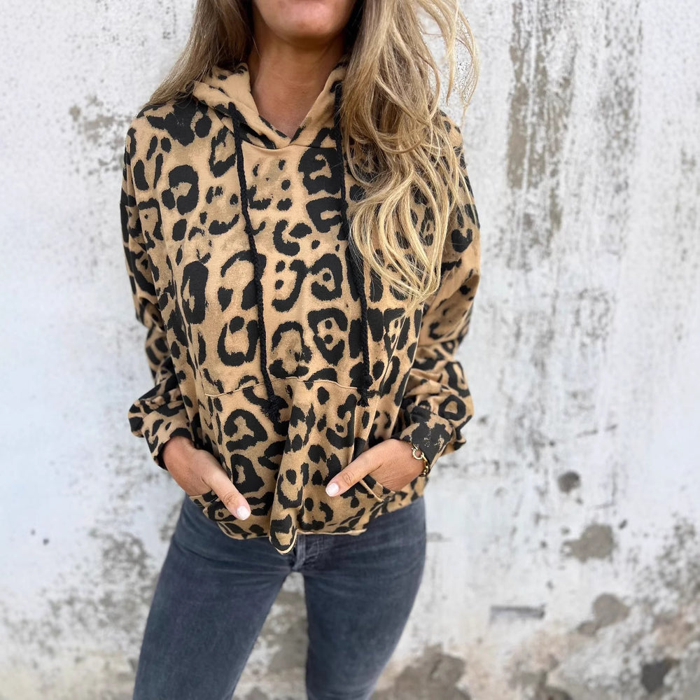 Damen Kapuzenpullover mit lässigem Leopardenmuster und praktischen Seitentaschen EB