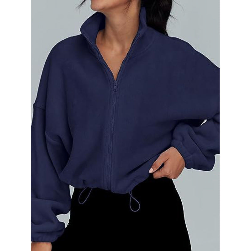 Damen trendy Oversize-Zip-Pullover mit hohem Kragen und Kordelzug EB