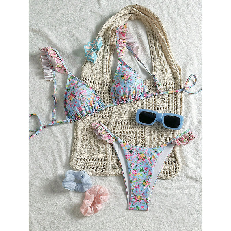 Damen Floral Triangel-Bikini mit verspieltem Rüschendesign EB