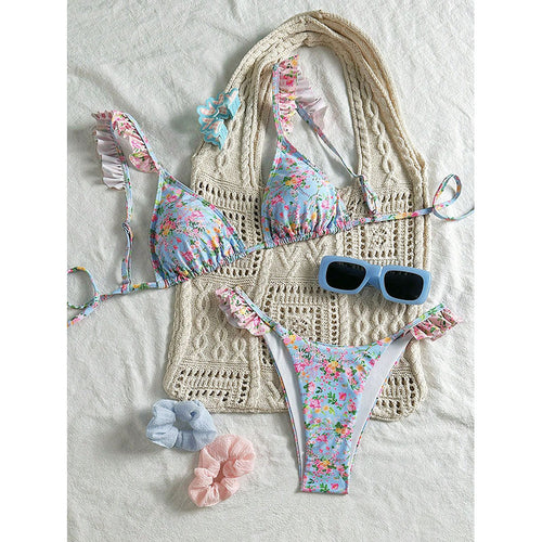 Damen Floral Triangel-Bikini mit verspieltem Rüschendesign EB