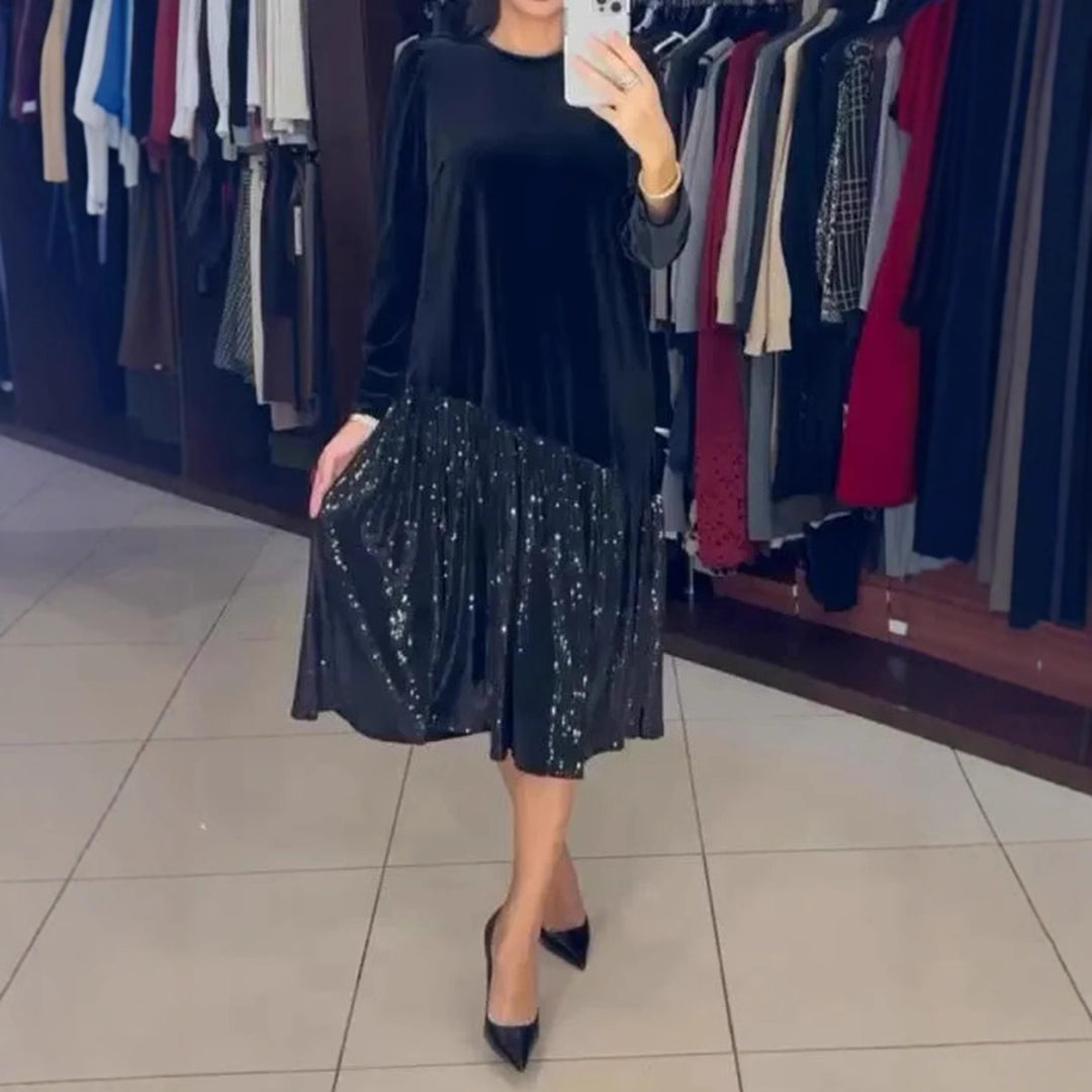 Damen Freizeit Kleid mit elegantem Paillettenrock und weichem Oberteil Heidi-Mode