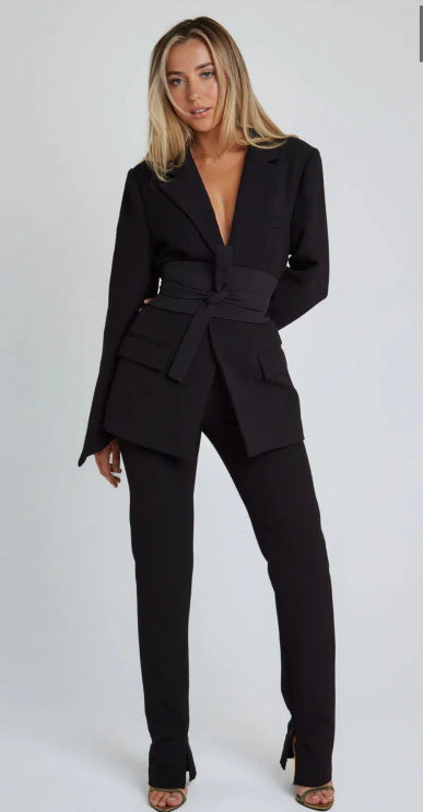 EB | Blazer Longline Tailored Fit Selbstbinder Taille Revers Taschen