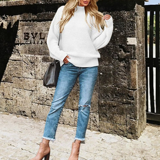 Damen Grobstrickpullover mit hohem Kragen und lässigen Ärmeln EB