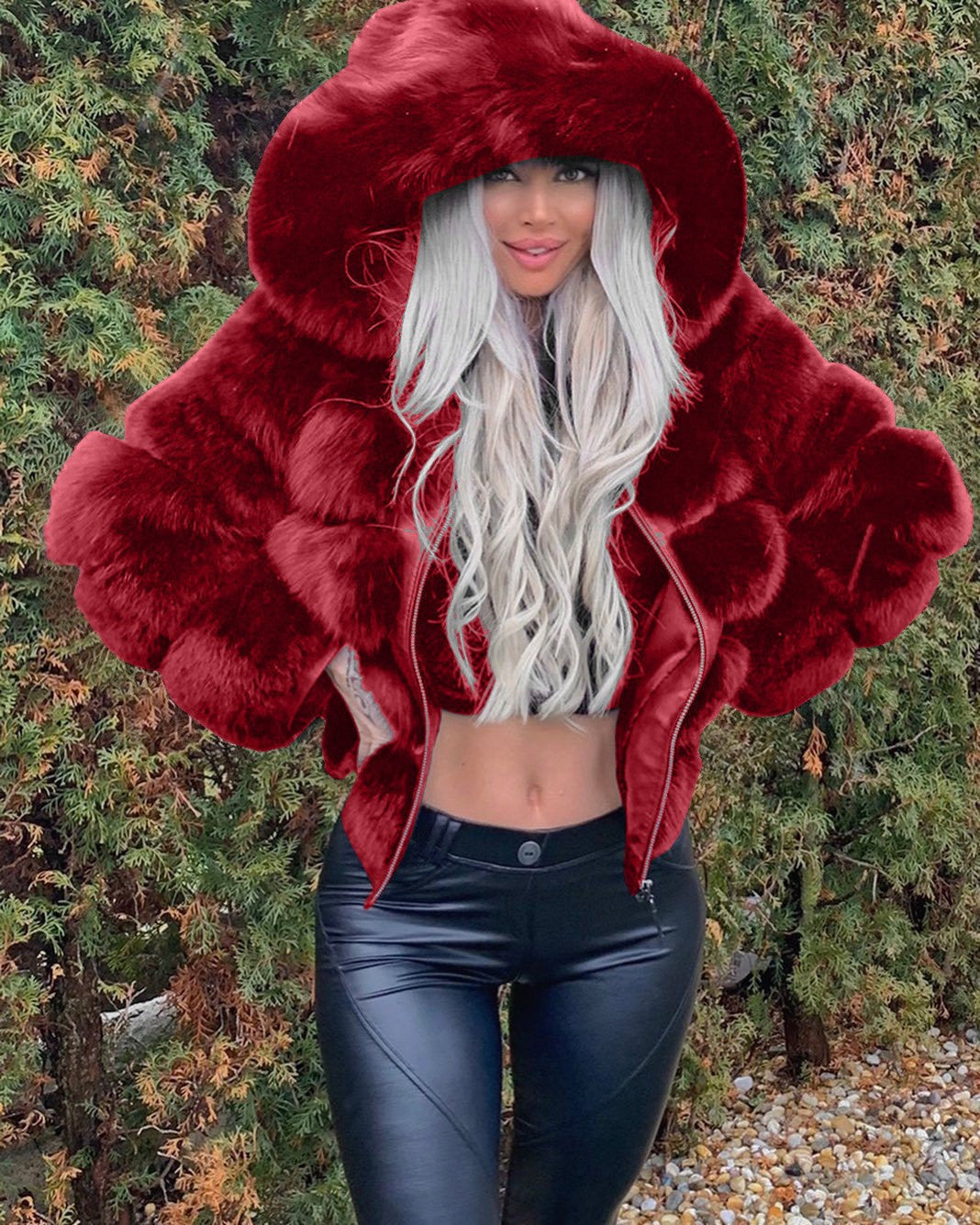 Damen Sportliche Kunstpelzjacke mit Kapuze EB