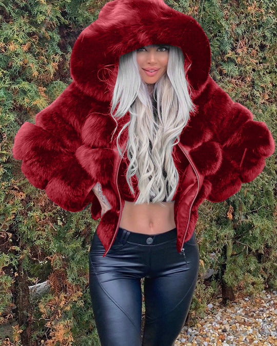 Damen Sportliche Kunstpelzjacke mit Kapuze EB