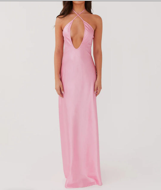 Damen Maxikleid mit tiefem V-Ausschnitt und eleganter Rückenansicht EB
