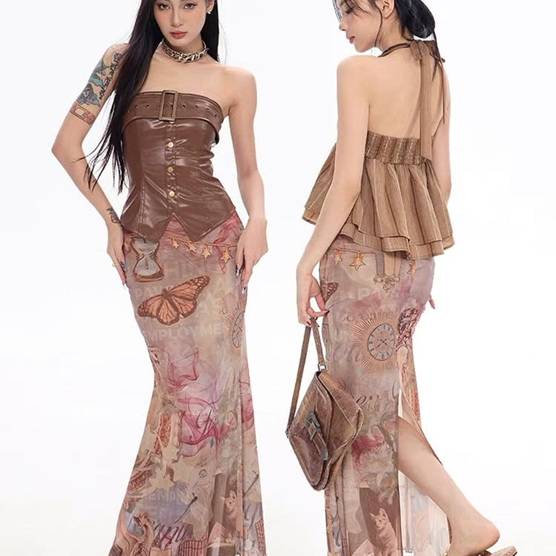 Damen Eleganter, transparenter Maxirock mit künstlerischem Druck und fließendem Schnitt EB