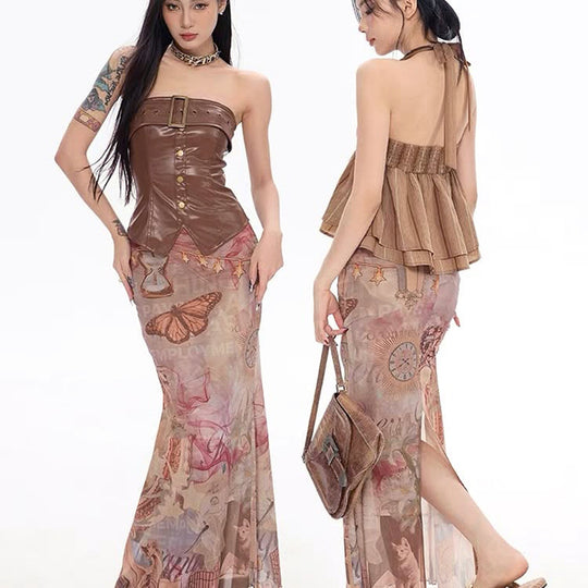 Damen Eleganter, transparenter Maxirock mit künstlerischem Druck und fließendem Schnitt EB