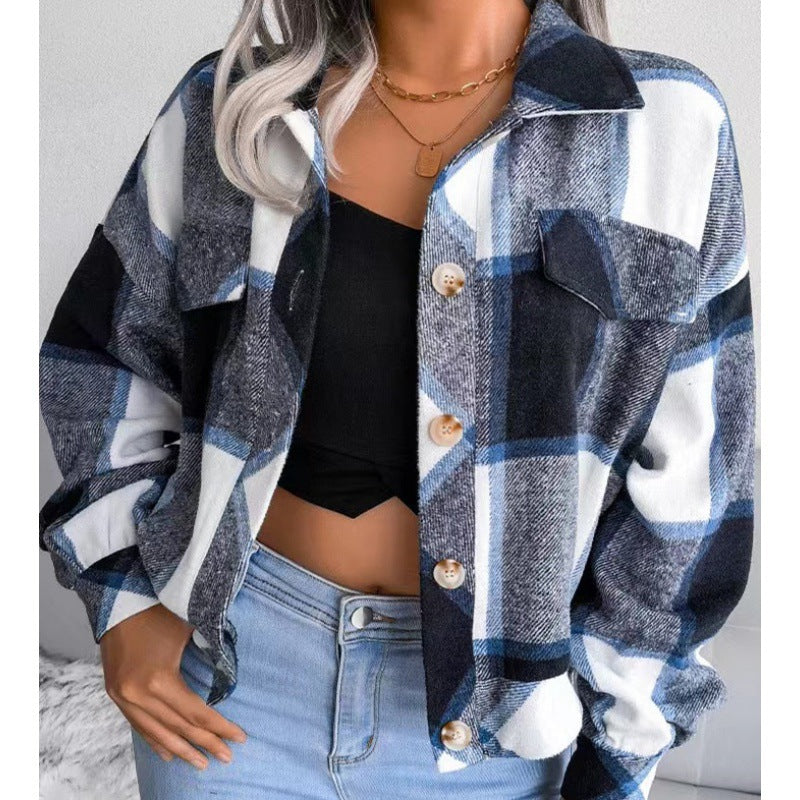 Damen karierte Flanelljacke mit Knopfverschluss und Brusttasche EB
