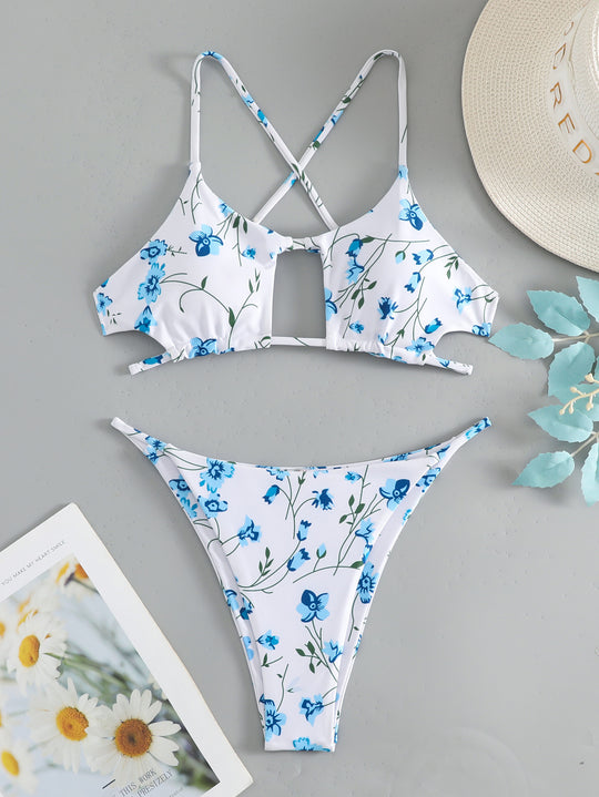 Damen Bikini-Set mit floralem Design und aufregendem Rückenschnürung EB