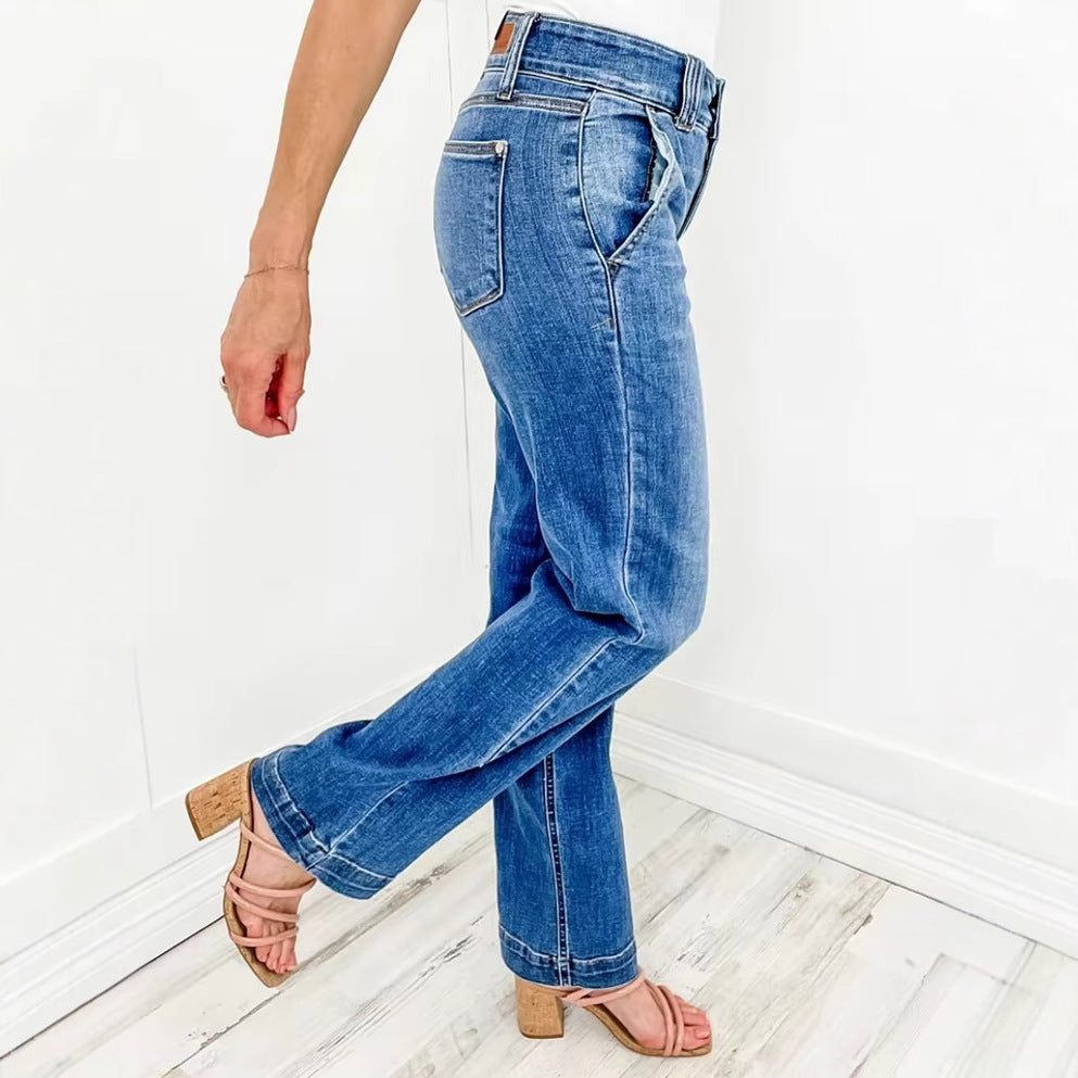 Damen Weit geschnittene Jeans mit hohem Bund und eleganter Nahtführung EB