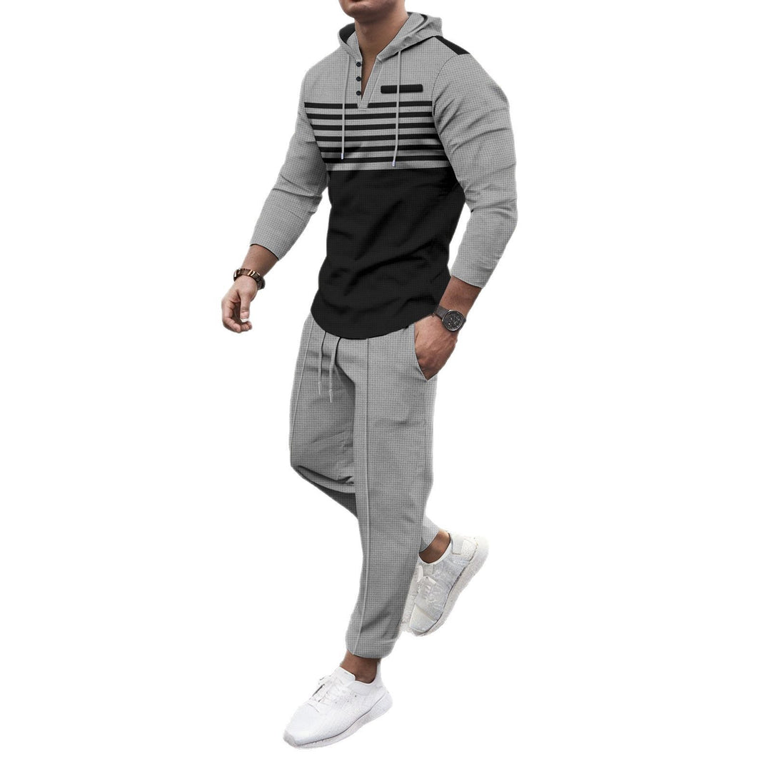 Herren nan Henley-Kapuzen-Lounge-Set mit Streifenpasse, Halbknopfleiste und konischer Jogginghose EB