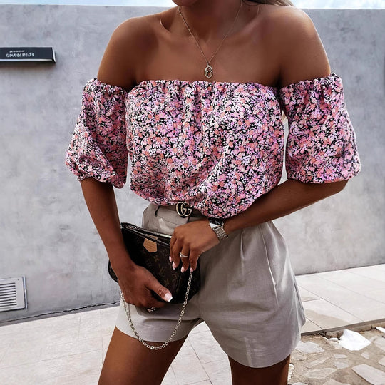 Damen Off-Shoulder Bluse mit voluminösen Puffärmeln und floralem Muster EB