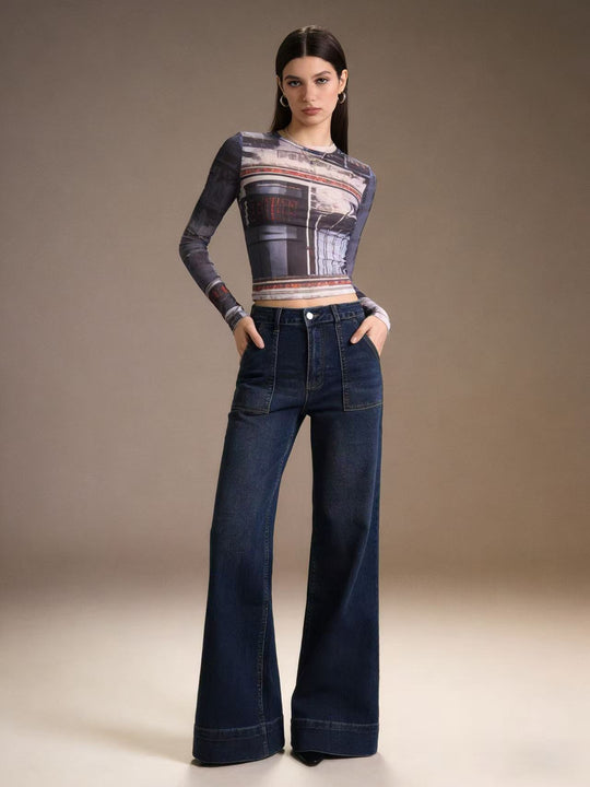 Damen High-Waist Weitbeinerhosen mit angesagtem Aufnäher EB