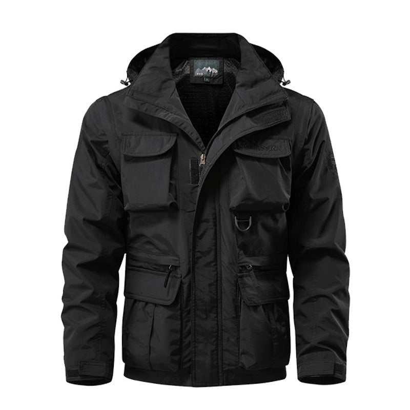Herren nan multifunktionale Fieldjacke mit Kapuze und verstärkten Mehrfachtaschen wasserabweisendem Obermaterial und verstellbarem Saum EB