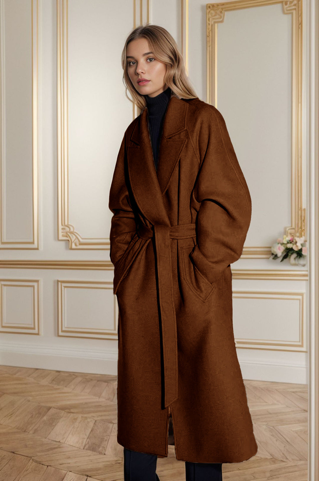 Damen modischer Oversized-Mantel mit Gürtel und Taschen EB