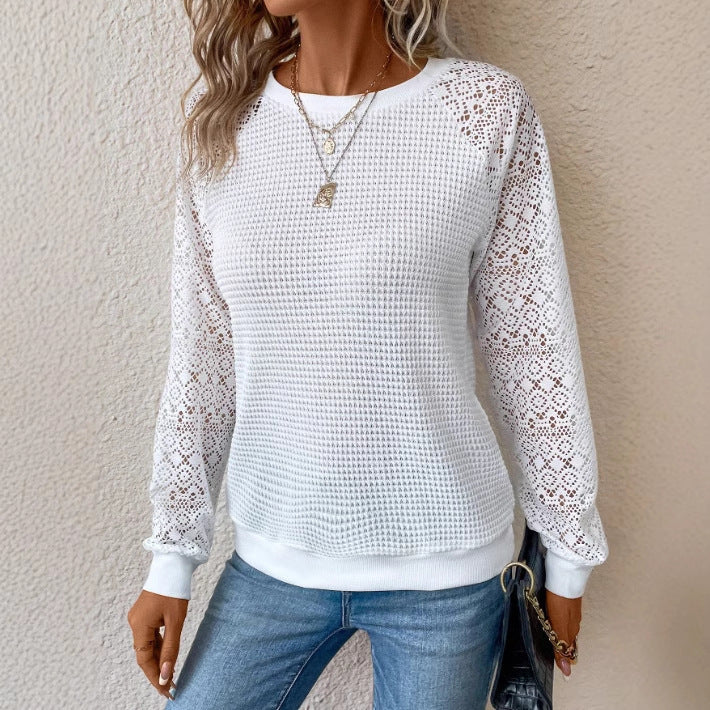 Damen nan Pullover mit Waffelstruktur, Raglanform und transparenter Spitzenärmel EB