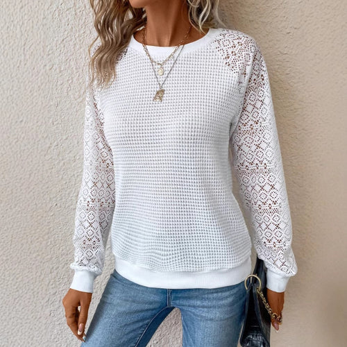 Damen nan Pullover mit Waffelstruktur, Raglanform und transparenter Spitzenärmel EB