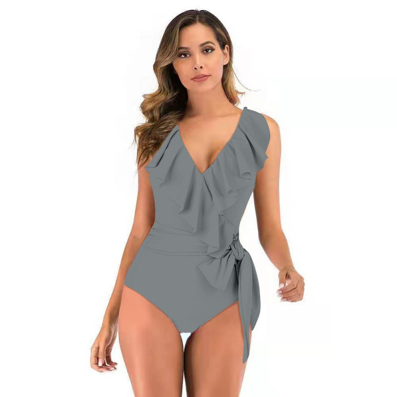 Damen Einteiliger Badeanzug mit raffinierten Rüschendetails und eleganter Schleife EB
